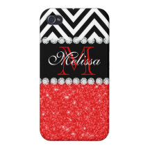 ROTES GLITTER-SCHWARZ-ZICKZACK MIT MONOGRAMM iPhone 4 HÜLLEN