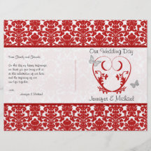 Rotes, weißes Damast-Herz-Schmetterlings-Hochzeits Flyer Druck