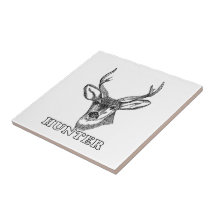 Rotwild-Jäger-Schwarzweiss-Illustration Keramikfliese