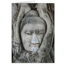 Sandsteinkopf von Buddha umgab durch Baum Karte