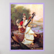 Saraswati sitzt auf der Bank von einem Fluss Plakatdrucke