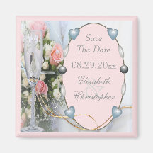 Save the Date Braut u. Bräutigam, Tauben u. Glas m Kühlschrankmagnete
