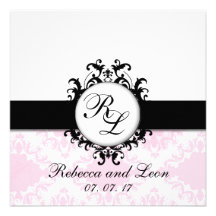 Schicke Monogramm-Initialen-laden rosa Damast-Hoch Personalisierte Ankündigung