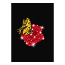 Schmetterling auf rote Rose m. sterne regentropfen Ankündigungskarten