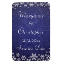Schneeflocken und blauer Damast Save the Date Rechteckige Magnete