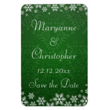 Schneeflocken und grüner Damast Save the Date Eckige Magnete