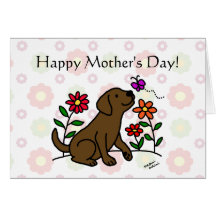 Schokoladen-Labrador-Mamma u. grünes Blumen Grußkarte