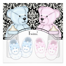Schwarzes Damast-Rosa-blaue Teddybär-Zwillings-Bab Individuelle Einladungen