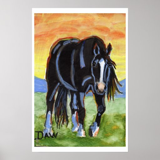 Schwarzes Pferd im Sonnenuntergang Plakate