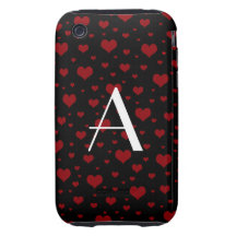 Schwarzes rotes Herzmuster des Monogramms Tough iPhone 3 Etuis
