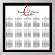 Schwarzes rotes weißes Monogramm-Hochzeits-Sitzpla Poster