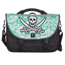 Seafoam Green Damask Jolly Roger Laptop Commuter Bag