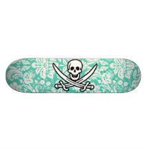 Seafoam Green Damask Jolly Roger Skate Deck