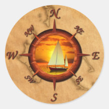 Segelboot-und Kompass-Rose Runde Aufkleber