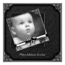 Silberne schwarze Jungen-Foto-Geburts-Mitteilung Individuelle Ankündigungen