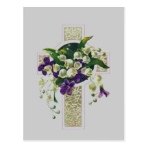 Silbernes Kreuz mit lila Blumen Postkarte
