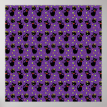 Spooky Black Cat and Cauldron Halloween Pattern Posters