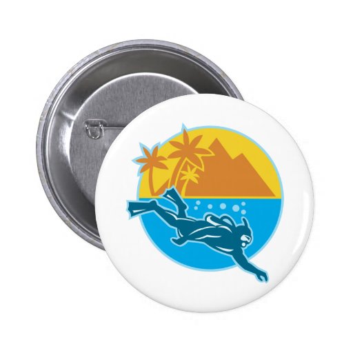 Sporttaucher-Tauchinsel Retro Anstecknadelbuttons