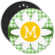 Spring Daisy; Green Checkered; Gingham Pinback Button