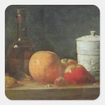 Stillleben mit Frucht-und Wein-Flasche Quadrataufkleber