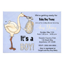 Storch-blauer Jungen-Babyparty-Einladung