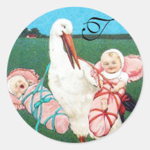 STORCH-DOPPELBaby-DUSCHEN-MONOGRAMM Runde Aufkleber