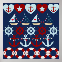 Summer Nautical Theme Anchors Sail Boats Helms Print