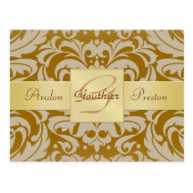 TAN-Damast-Goldmonogramm-Save the Date Postkarte