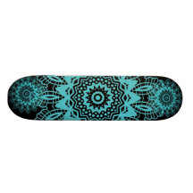 Teal Blue and Black Doily Lace Snowflake Mandala Skate Board