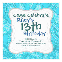 Teal Blue Paisley Print Summer Fun Girly Pattern Invitations