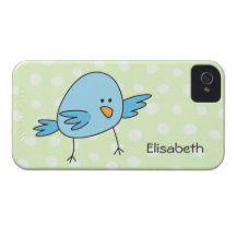 TierCartoon des lustigen blauen Vogels auf grünen  iPhone 4 Hüllen