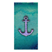 Trendy Blue and teal watercolor Heart Anchor Photo Greeting Card