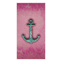 Trendy Pink Watercolor Heart Anchor Photo Greeting Card