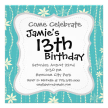 Trendy Teal Summer Flower Pattern Custom Invites