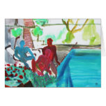 Trio, das durch Poolgrußkarte Lounging ist