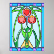 Trio der roten Tulpen im Buntglas-Fenster Plakatdrucke