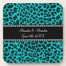 Turquoise leopard pattern wedding favors beverage coaster