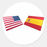 US- u. Spanien-Flaggen Runder Aufkleber