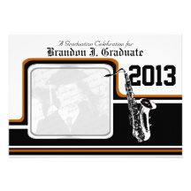 Varsity-Bandsaxophone-Abschluss-Foto-Orange Einladungskarten