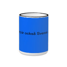 Viit mugg med blå dekor och budskap