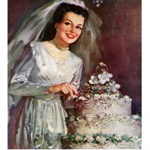 Vintag die schöne Braut und ihr Hochzeits-Kuchen Photofigur