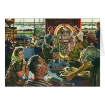 Vintage Familie essen in einem Restaurant zu Abend Grußkarte
