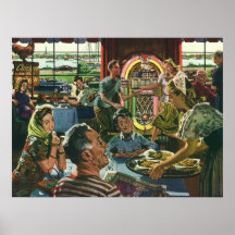Vintage Familie essen in einem Restaurant zu Abend Posterdruck