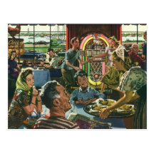 Vintage Familie essen in einem Restaurant zu Abend Postkarte