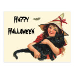 Vintage Halloween-Hexe, die eine schwarze Katze hä Postkarten