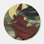 Vintage Halloween-Hexe, die einen Besen und einen  Magnete