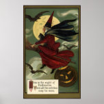 Vintage Halloween-Hexe, die einen Besen und einen  Plakatdrucke