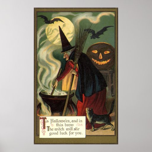 Vintage Halloween-Hexe-rührender magischer großer  Plakatdrucke