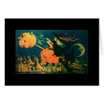 Vintage Halloween-Karte, Hexe auf Besen, Kürbis