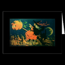Vintage Halloween-Karte, Hexe auf Besen, Kürbis karten